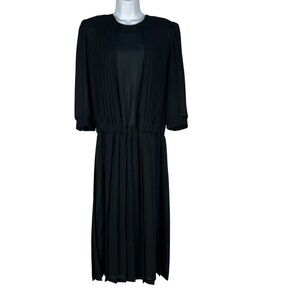 Vintage Emerald St. Black Pleated Midi Dress Womens Size 12 Polyester